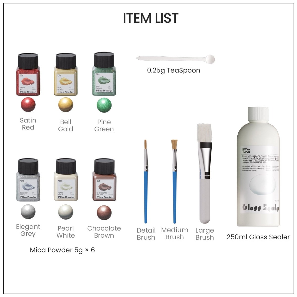 Glitter Colorable Acrylic Gloss Sealer Varnish with Mica Powder Kit - 6 of Christmas ColorsConcrete Making KitST-35