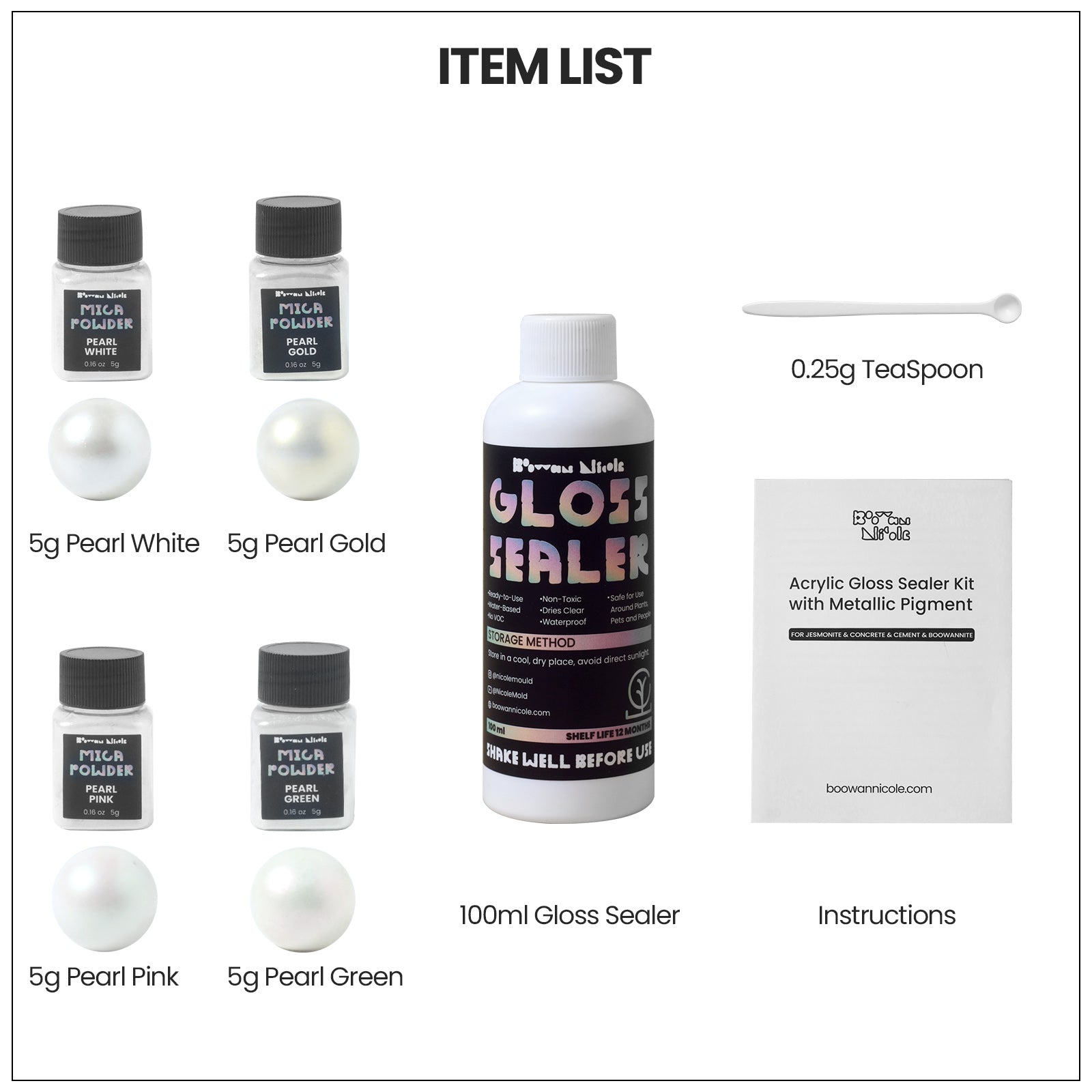 Glitter Colorable Acrylic Gloss Sealer Varnish with  Mica Powder Kit-4 of Pearlescent Whites