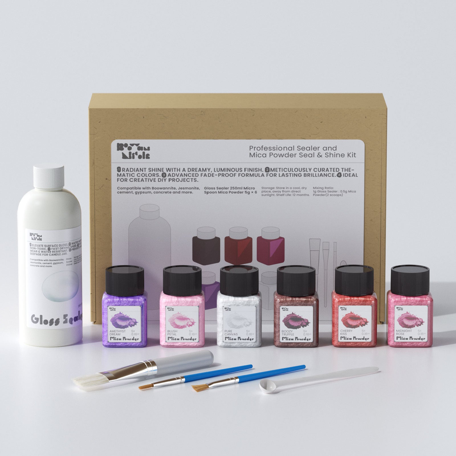 Glitter Colorable Acrylic Gloss Sealer Varnish with Mica Powder Kit- 6 of Romantic Colors - product photo