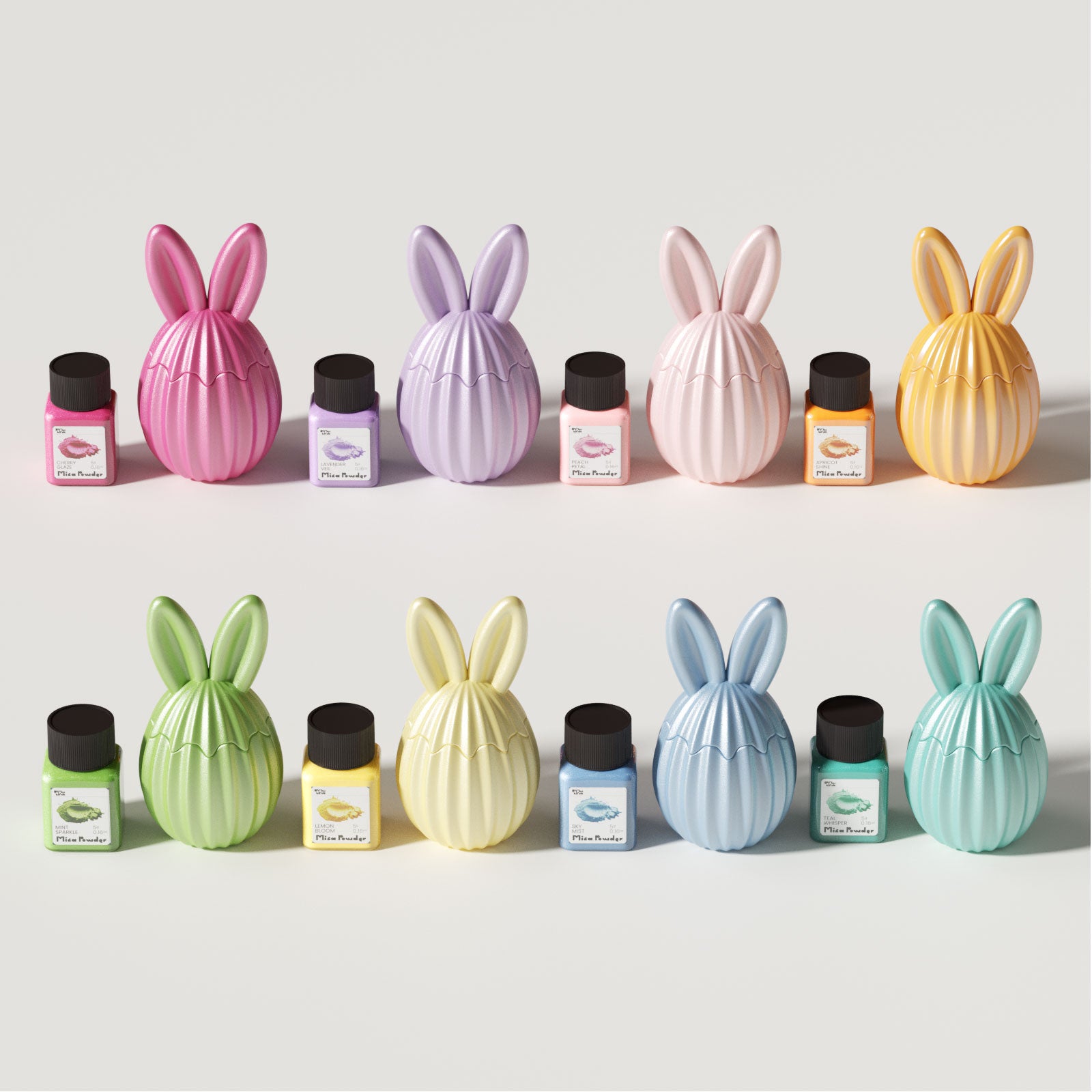 Pastel bunny ear egg-shaped candle jars in matching mica powder colors -Boowan Nicole