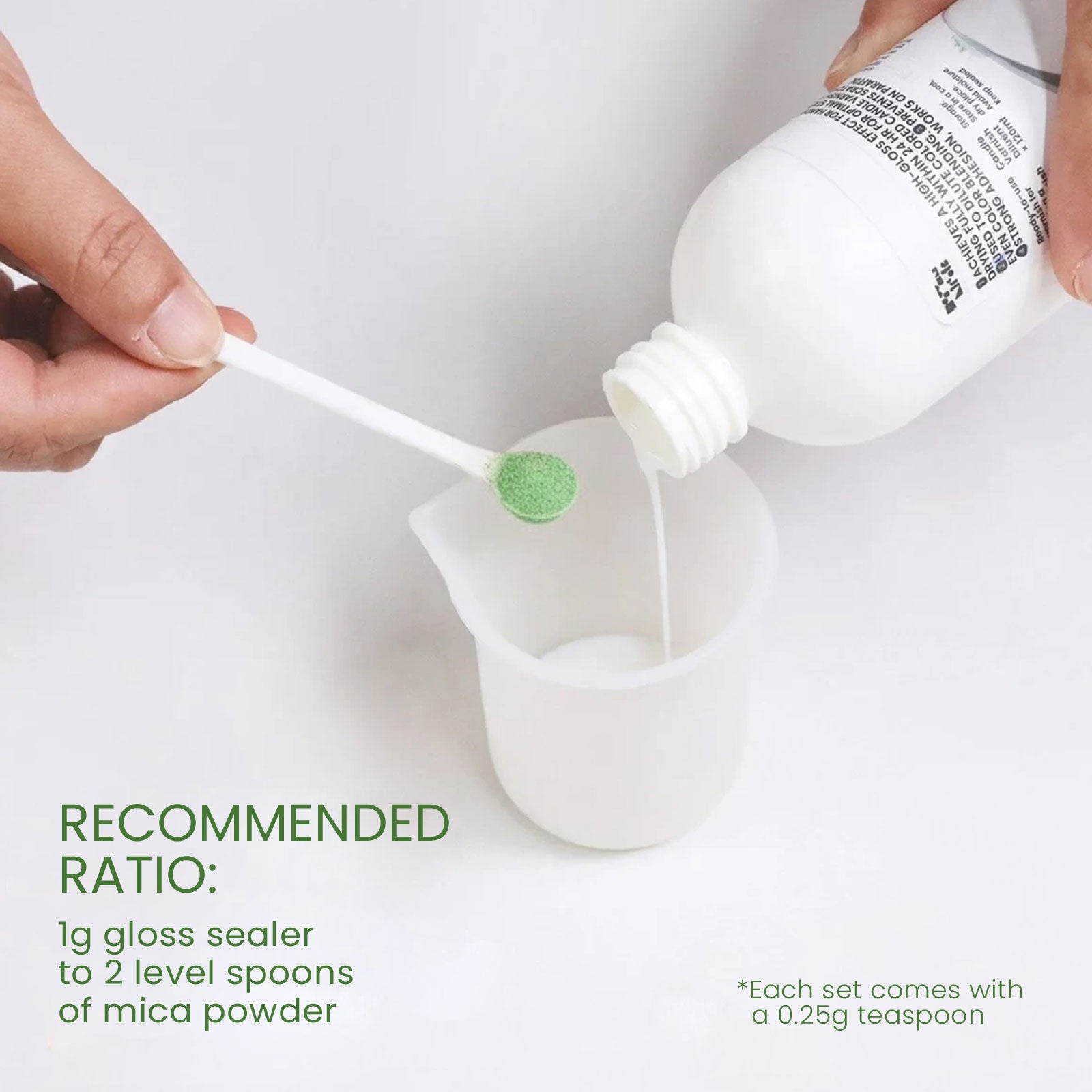 Recommended mixing ratio: 1g gloss sealer to 2 level spoons of mica powder -Boowan Nicole