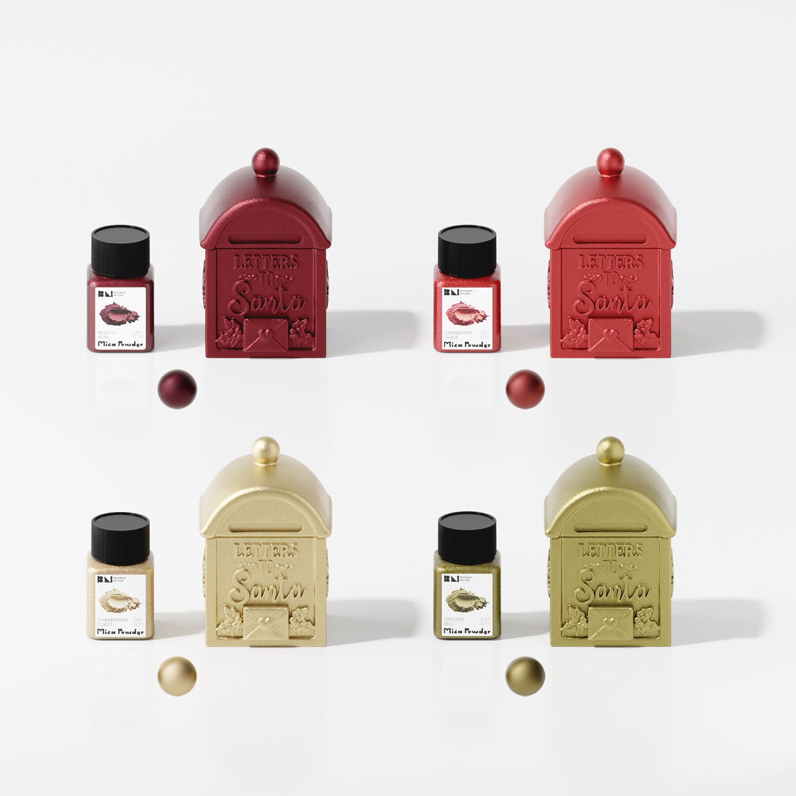 Four Letters to Santa mailbox containers in Mulled Wine, Cranberry Glaze, Champagne Toast and Vintage Bell mica powder shades with matching color bottles - Boowan Nicole