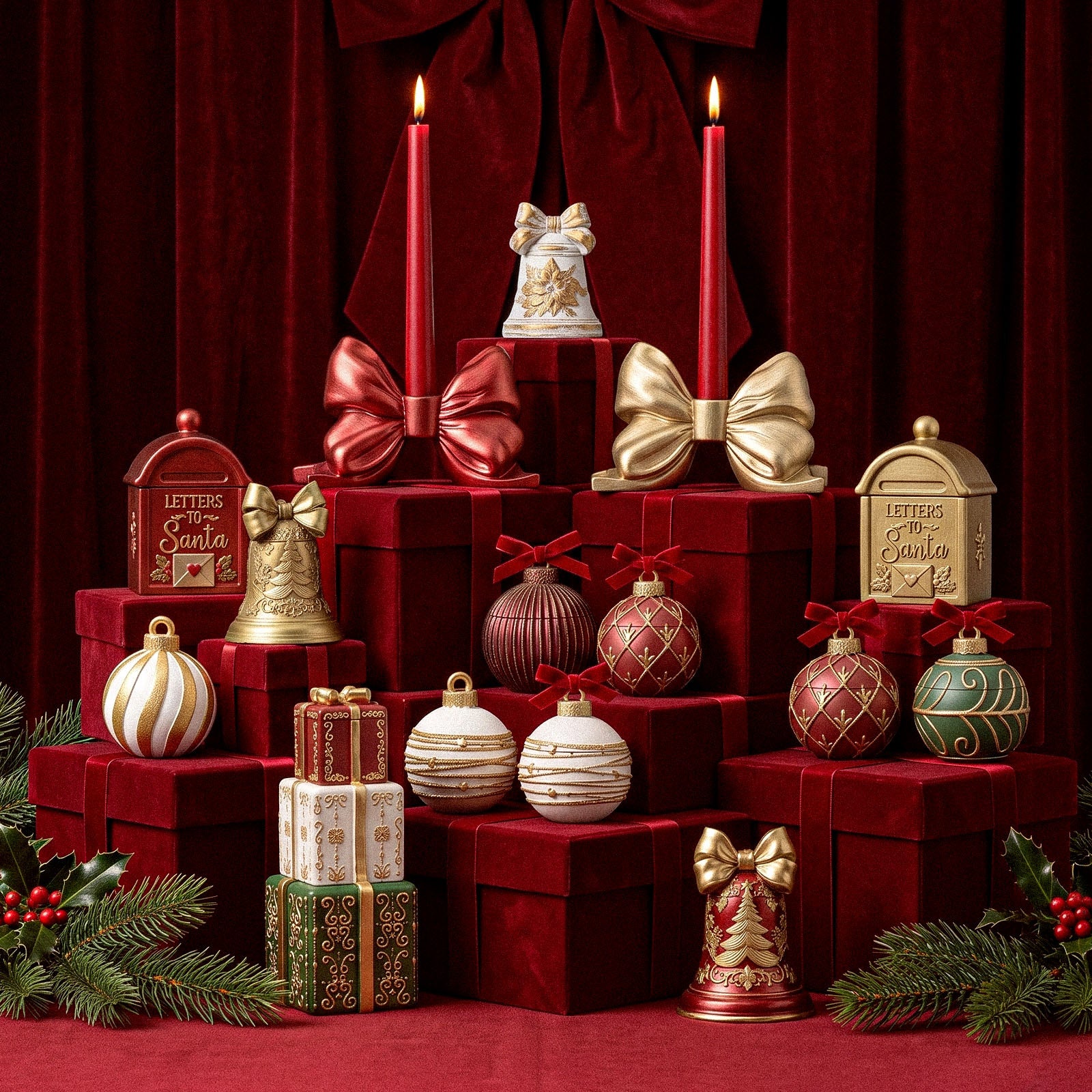 Luxe red and gold Christmas mantel display with bow candle holders, Letters to Santa mailboxes, bells, bauble ornaments and gift boxes on velvet pedestals - Boowan Nicole