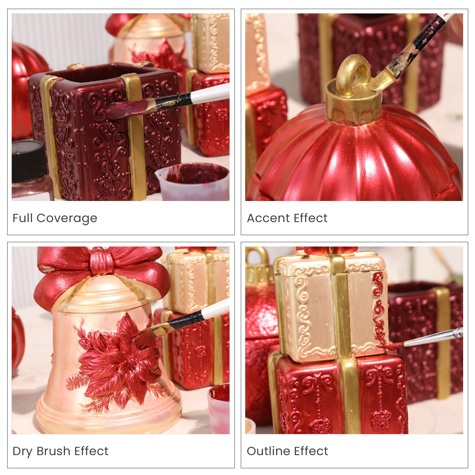 Four painting effect demos: full coverage, accent effect, dry brush effect and outline effect for vintage gala Christmas crafts - Boowan Nicole
