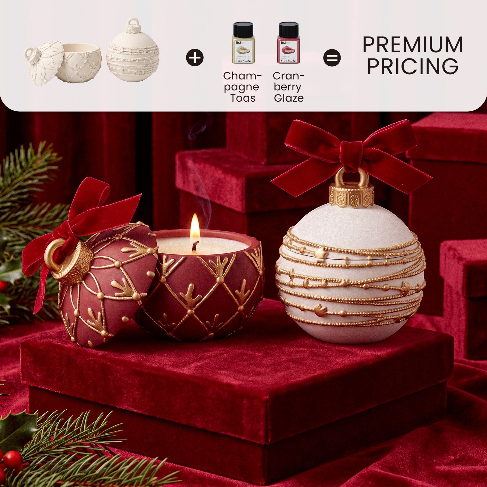 Premium pricing combo: white bauble molds plus Champagne Toast and Cranberry Glaze mica powder equals finished burgundy and gold bauble candle jars with velvet bows - Boowan Nicole