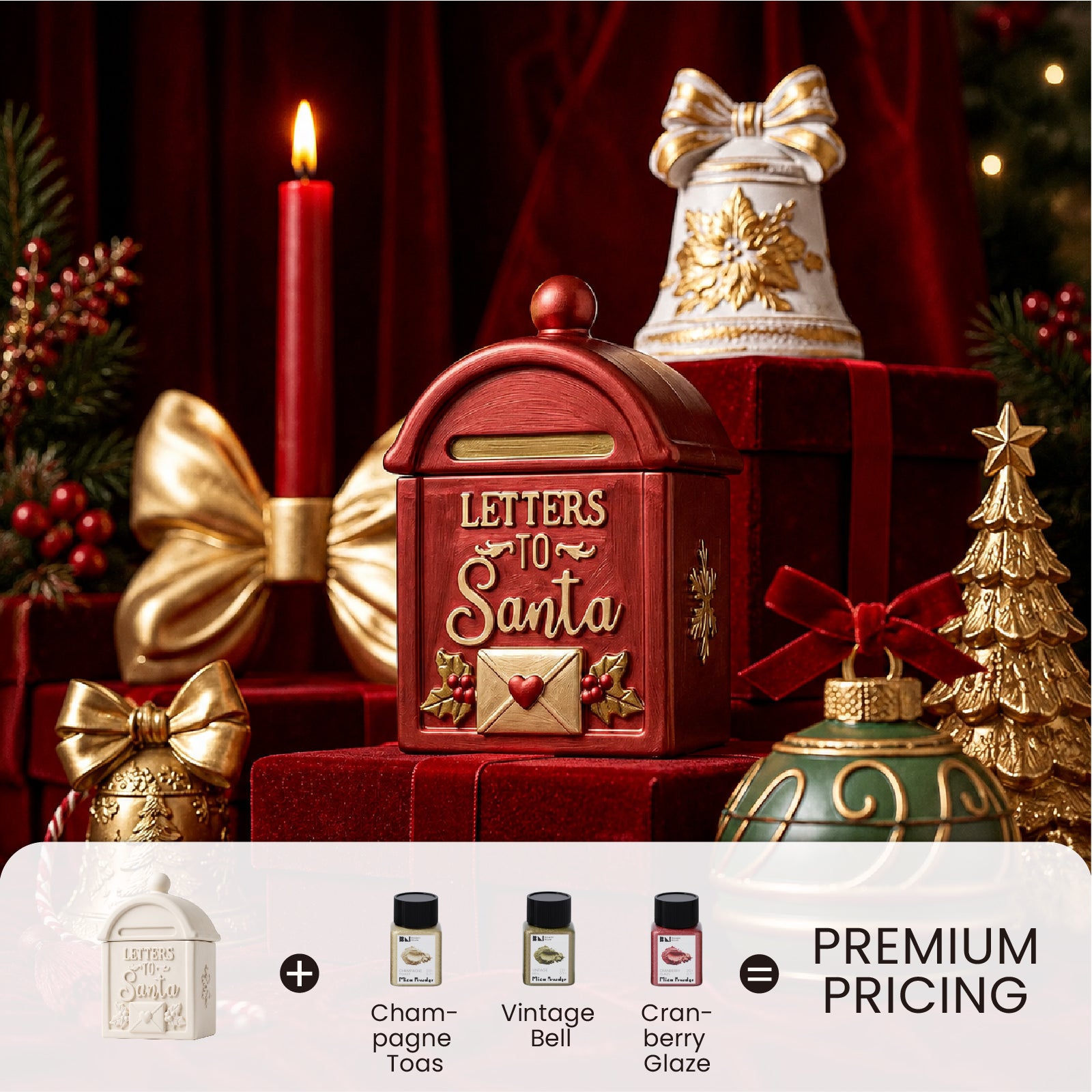 Premium pricing combo: white Letters to Santa mailbox mold plus Champagne Toast, Vintage Bell and Cranberry Glaze mica powder equals finished red and gold mailbox Christmas decor - Boowan Nicole