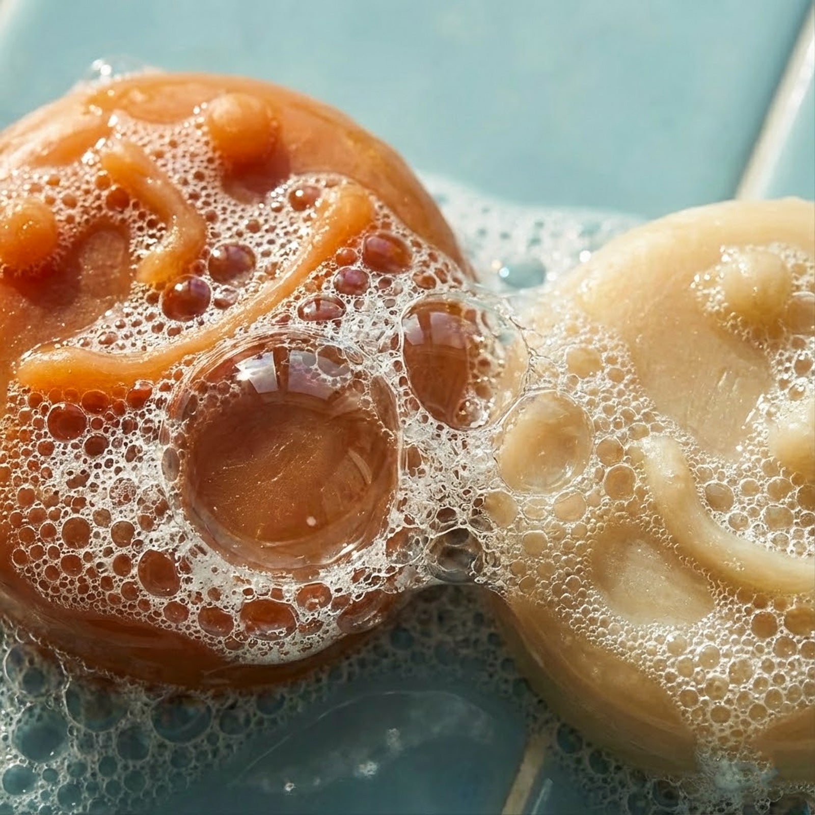 Close-up of smiley face handmade soaps covered in bubbles, showcasing textured facial details and foamy lather. - Boowan Nicole