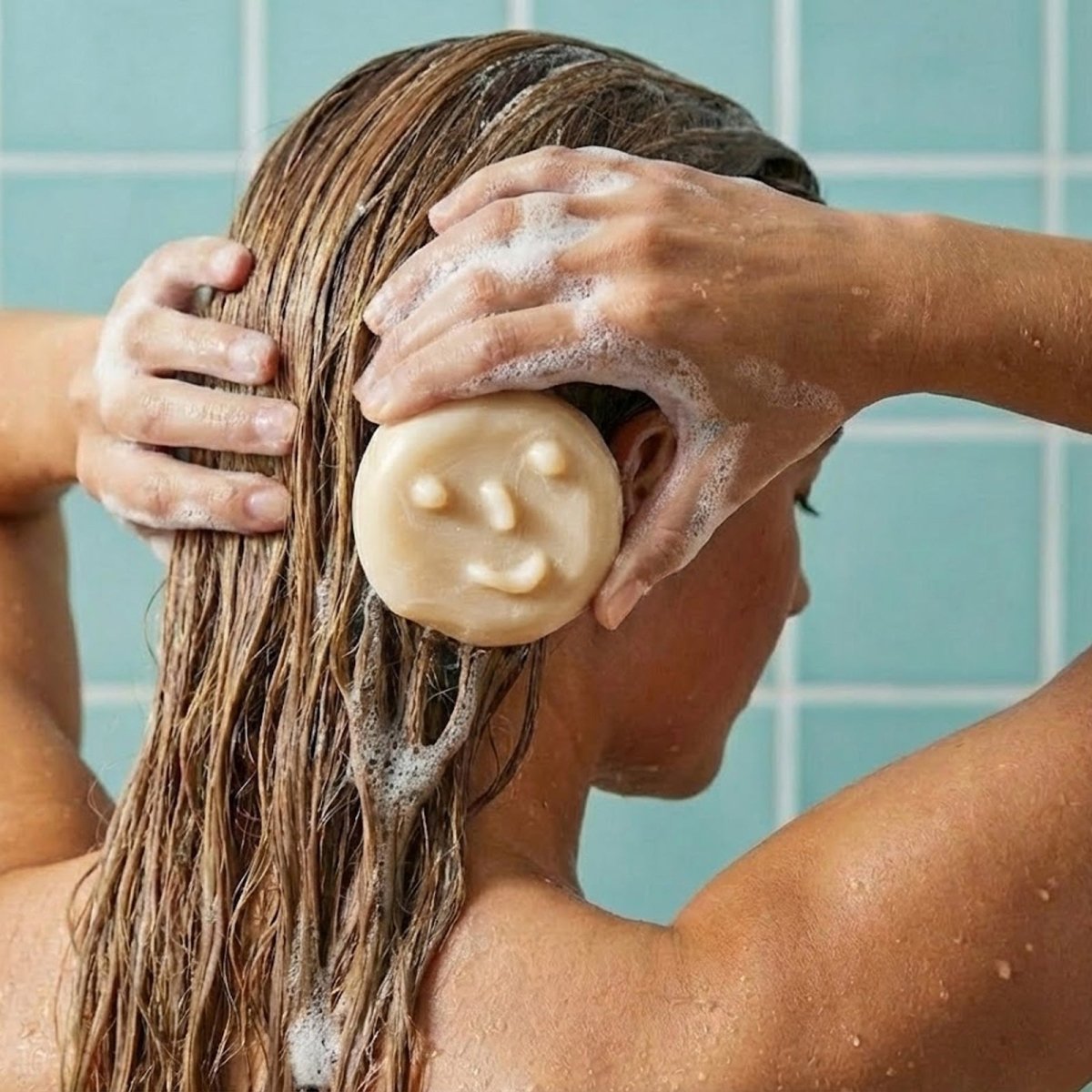 Person washing hair with a smiley face soap bar, creating foamy lather against a tiled bathroom background. - Boowan Nicole