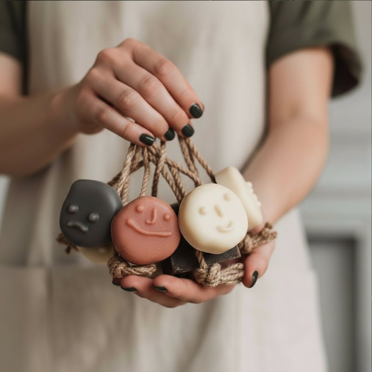 Hand holding smiley face handmade soaps tied with rope, featuring different expressions in neutral tones. - Boowan Nicole