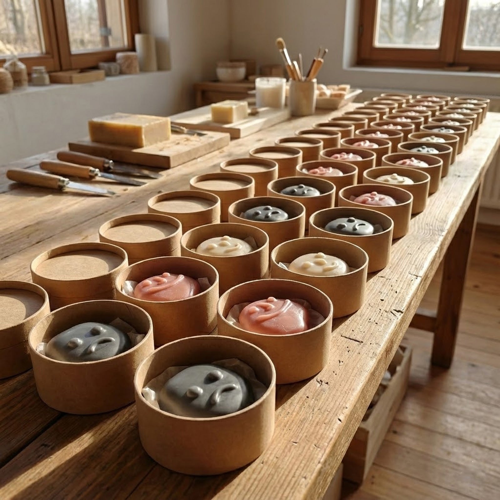 Smiley face handmade soaps displayed in round kraft gift boxes on a wooden table. - Boowan Nicole