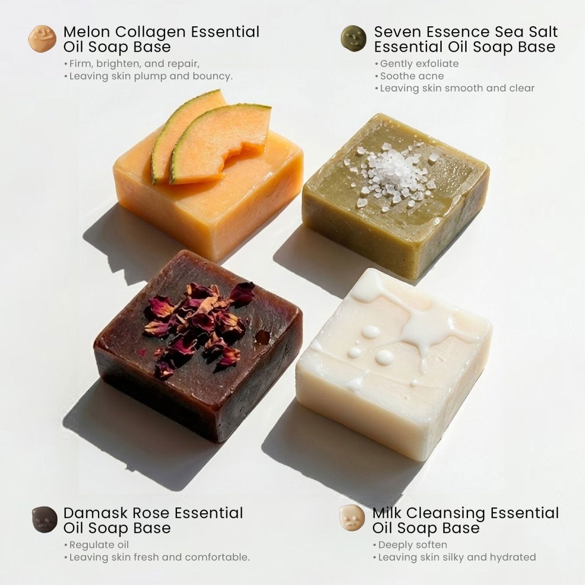 Essential oil soap bases in different formulas, including milk, sea salt, melon, and rose. - Boowan Nicole