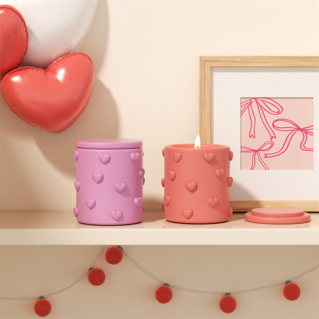 Handmade pink heart-shaped candle jars provide a reusable romantic candle experience-Boowan Nicole