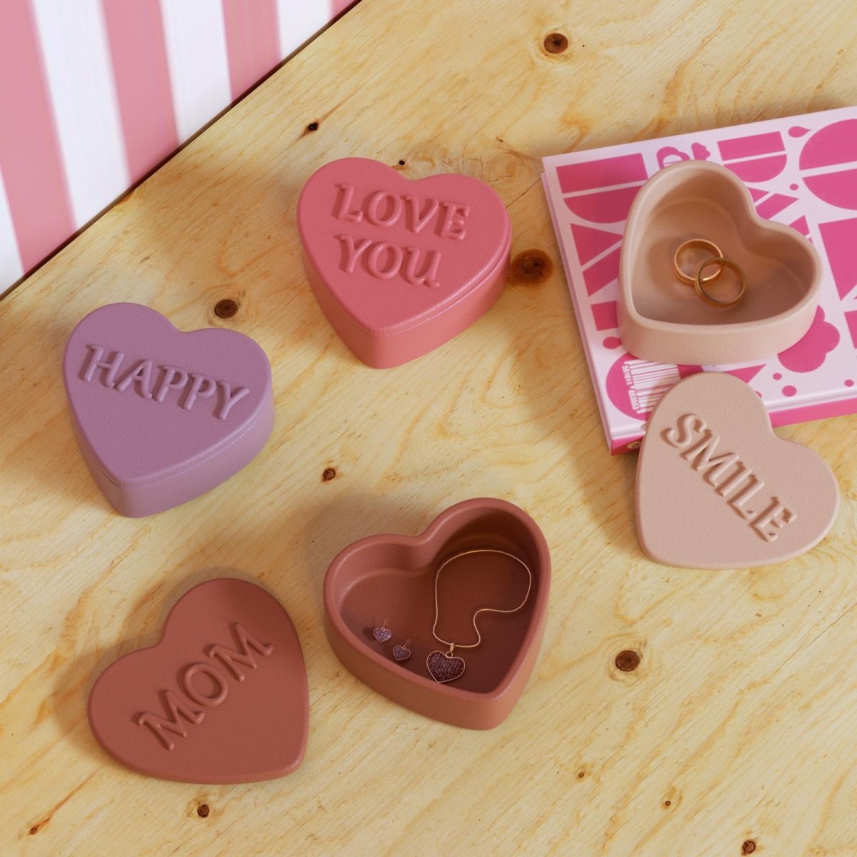 Boowan Nicole heart-shaped storage boxes with embossed words like "MOM," "SMILE," "HAPPY," and "LOVE YOU," crafted with silicone molds to express love for mothers-Boowan Nicole