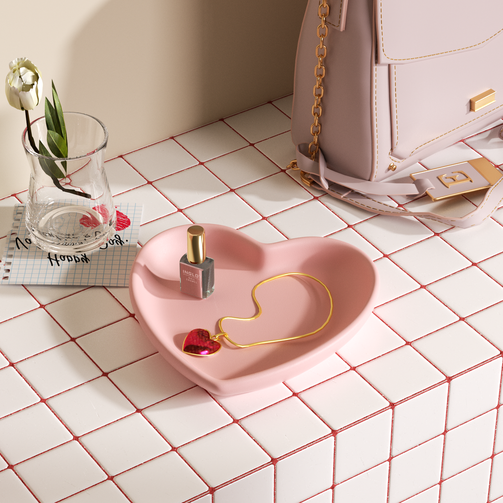 Pink heart-shaped tray, ideal for organizing jewelry, cosmetics, or as a decorative accent for modern home spaces-Boowan Nicole