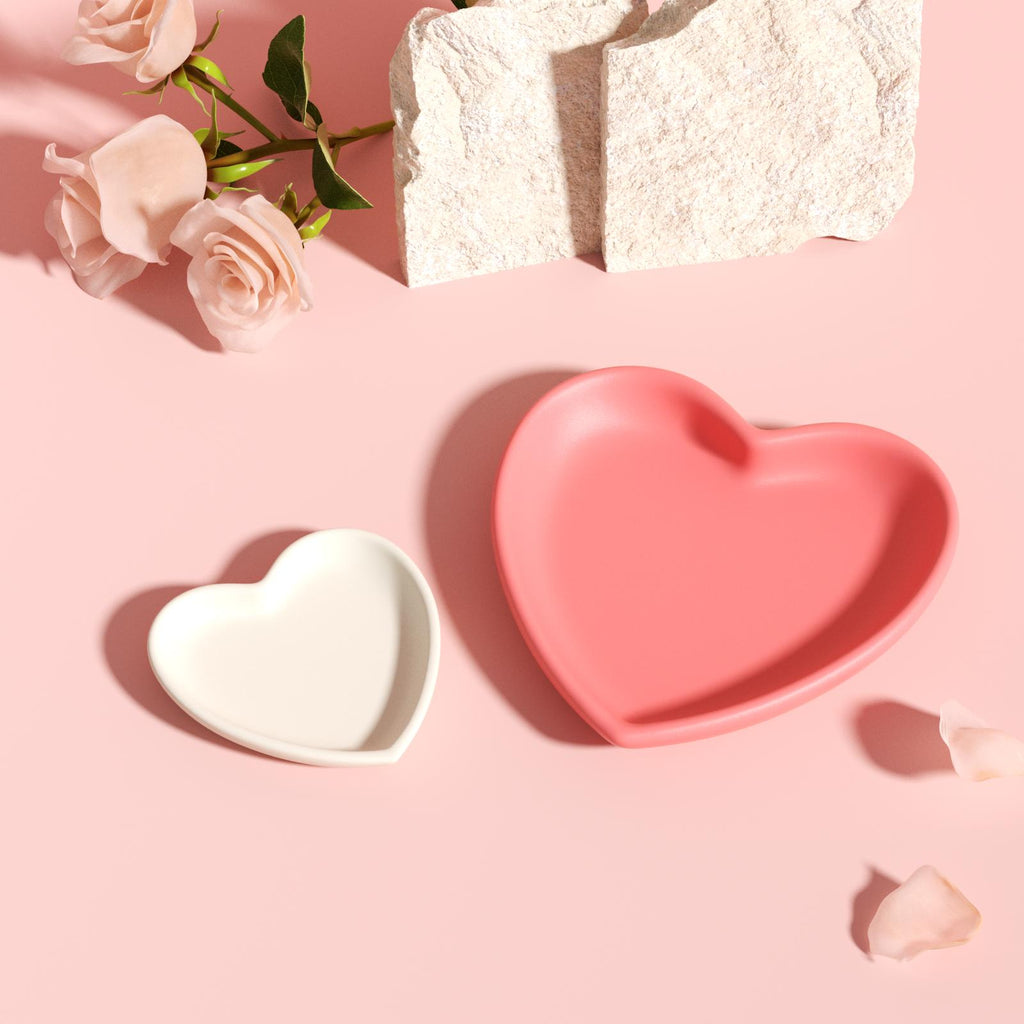 Romantic heart-shaped trays in pink and white, perfect for Valentine's Day gifts or elegant home decor accents-Boowan Nicole