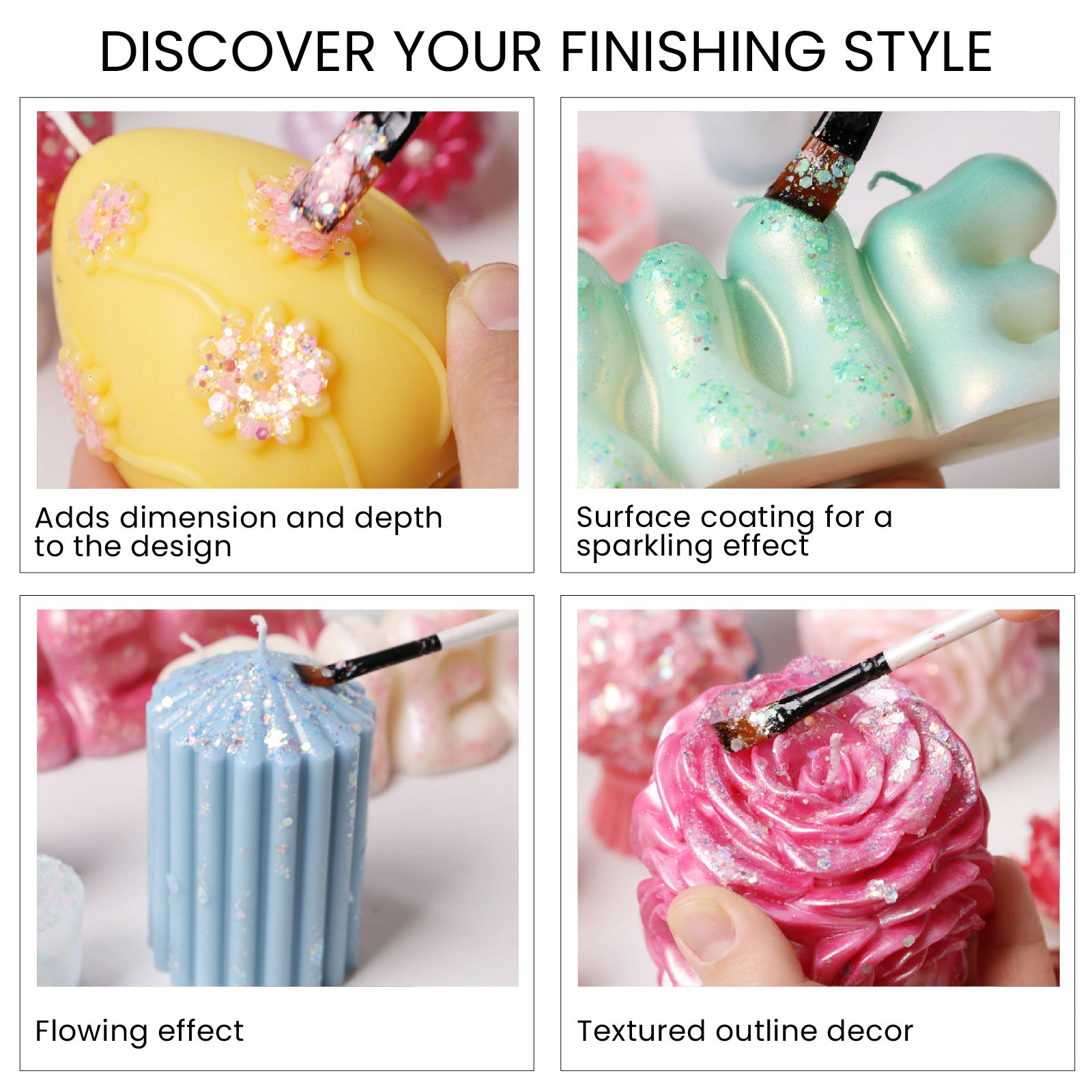 Four creative decorative finishing styles for handmade candles using professional glitter craft paint - Boowan Nicole