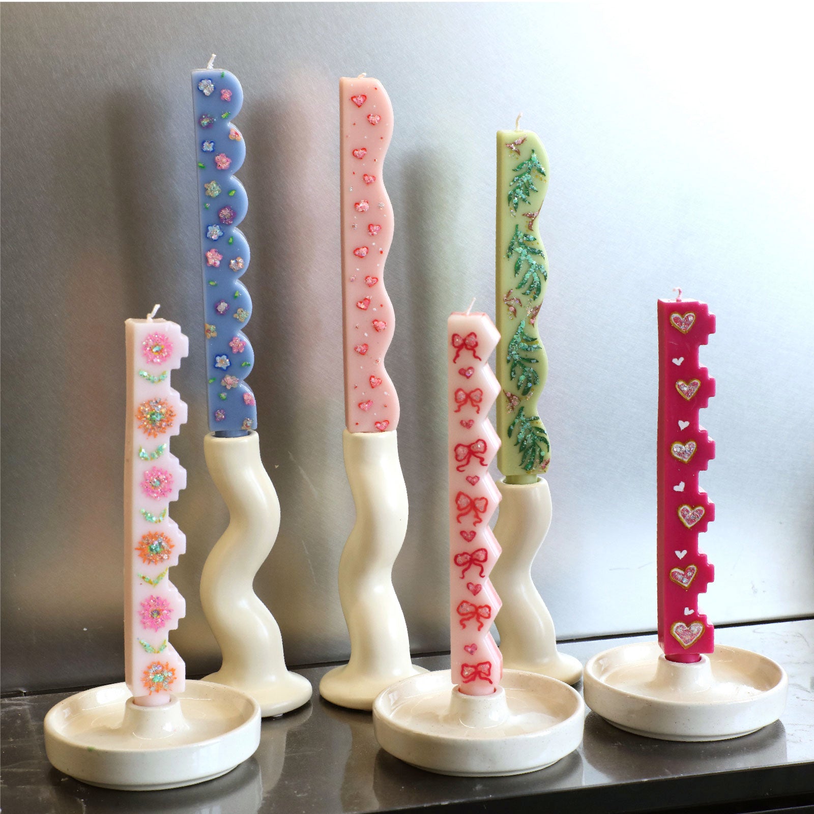 Hand-painted decorative taper candles with glitter patterns in aesthetic wavy ceramic holders - Boowan Nicole
