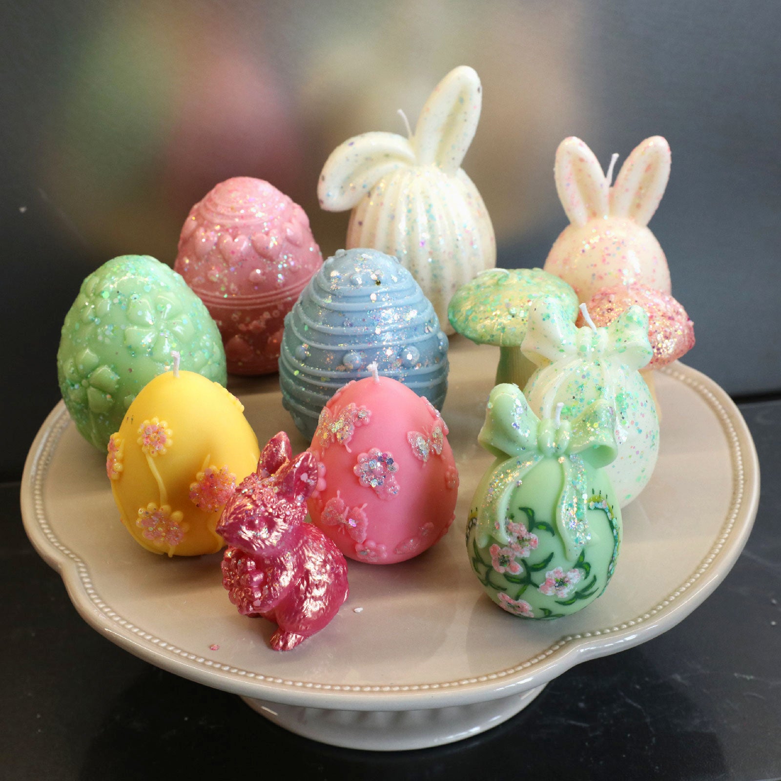 Shimmering glittery Easter bunny and egg-shaped candles for holiday gift and decor - Boowan Nicole