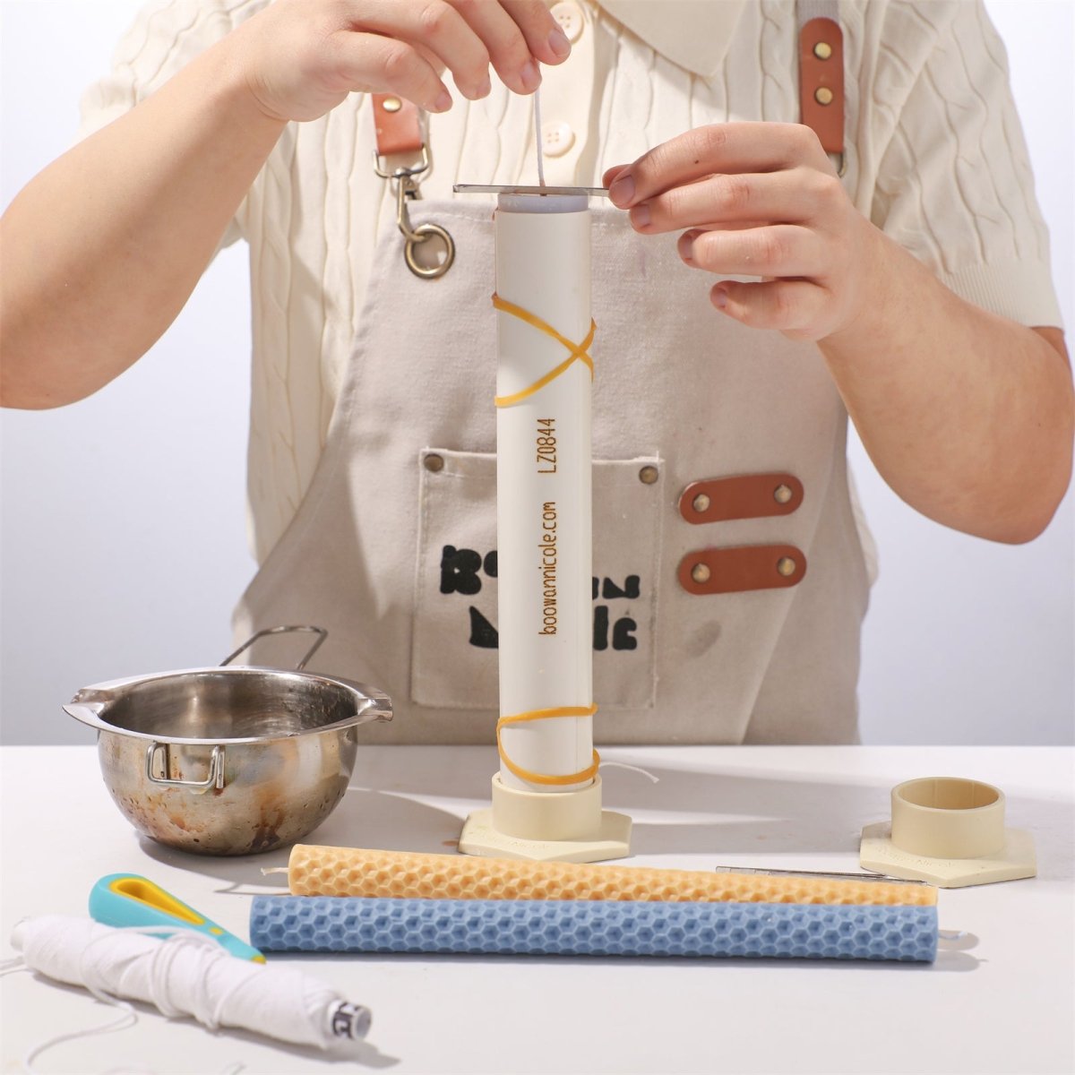 Handcrafting honeycomb taper candles using a silicone mold and wick holder-Boowan Nicole