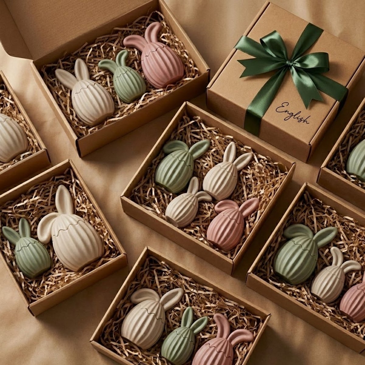 Easter bunny egg candle jar gift sets in eco-friendly kraft boxes with green ribbons and pastel jars - Boowan Nicole