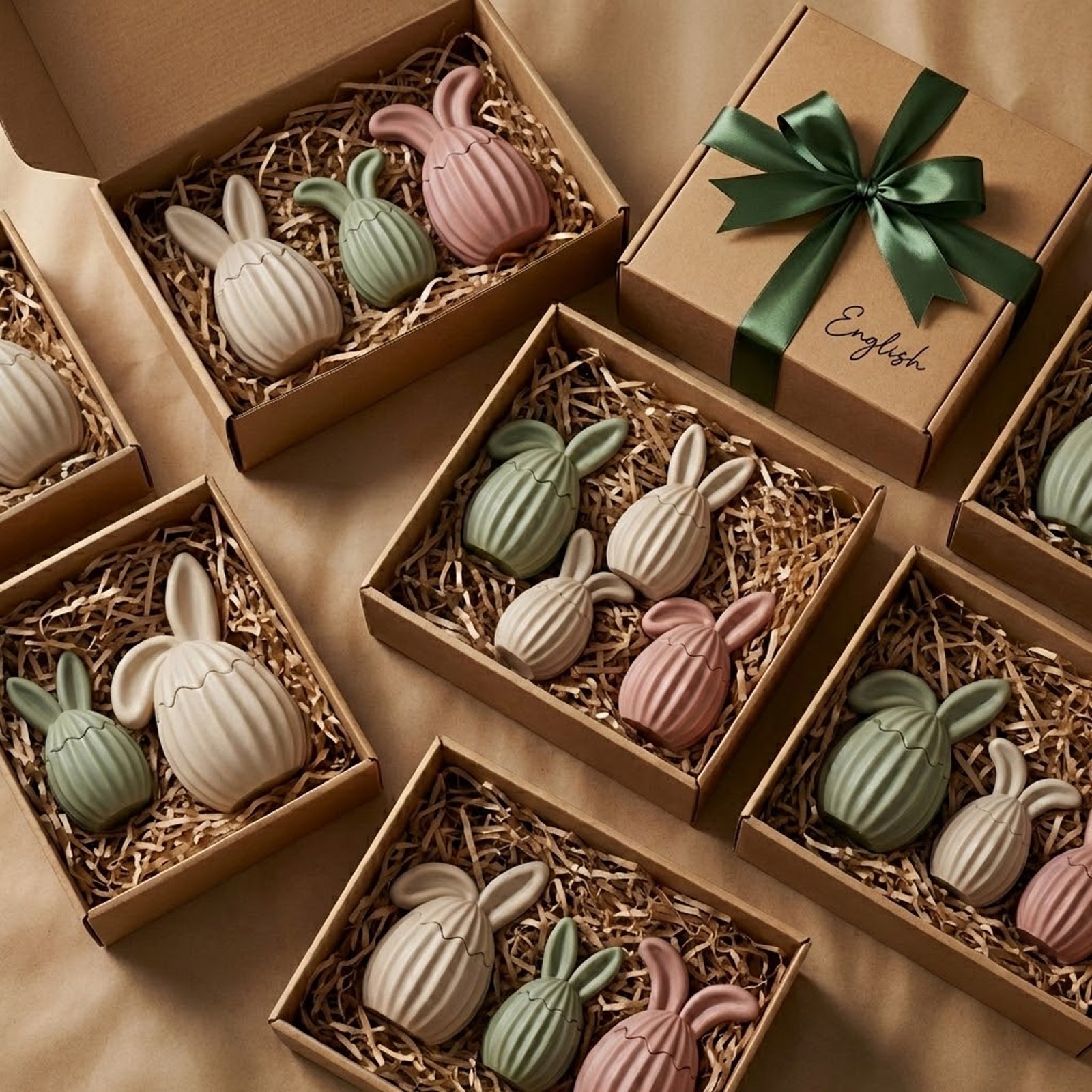 Easter bunny egg candle jar gift sets in eco-friendly kraft boxes with green ribbons and pastel jars - Boowan Nicole