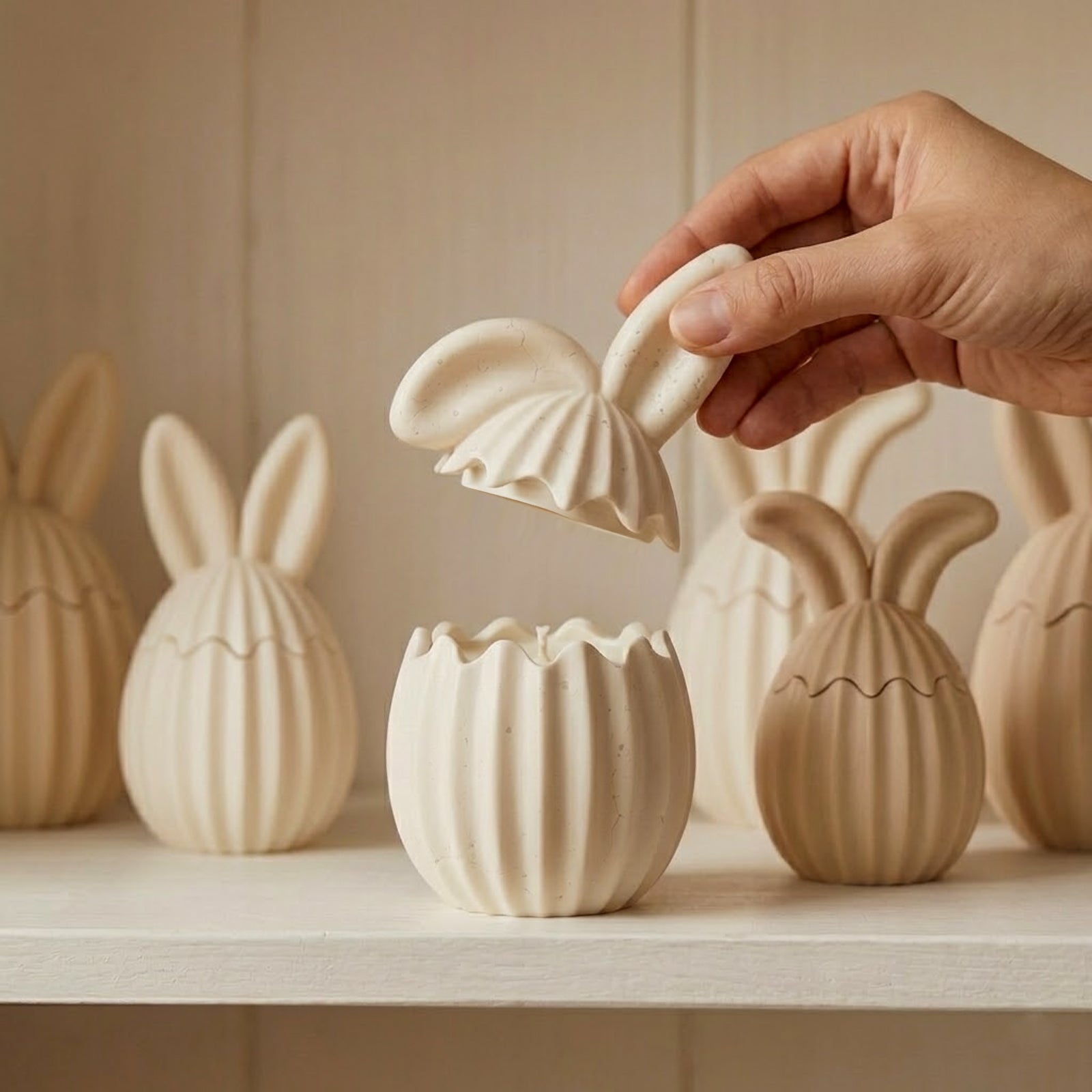Lifting the bunny-ear lid of a cream ribbed egg candle jar to reveal the interior wick and pleated texture - Boowan Nicole