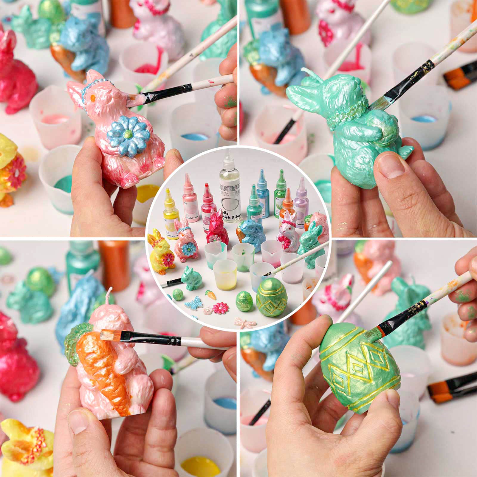 Hands painting metallic pearlescent Easter bunny and egg figurines with colorful craft paints and brushes, part of a DIY holiday craft kit - Boowan Nicole