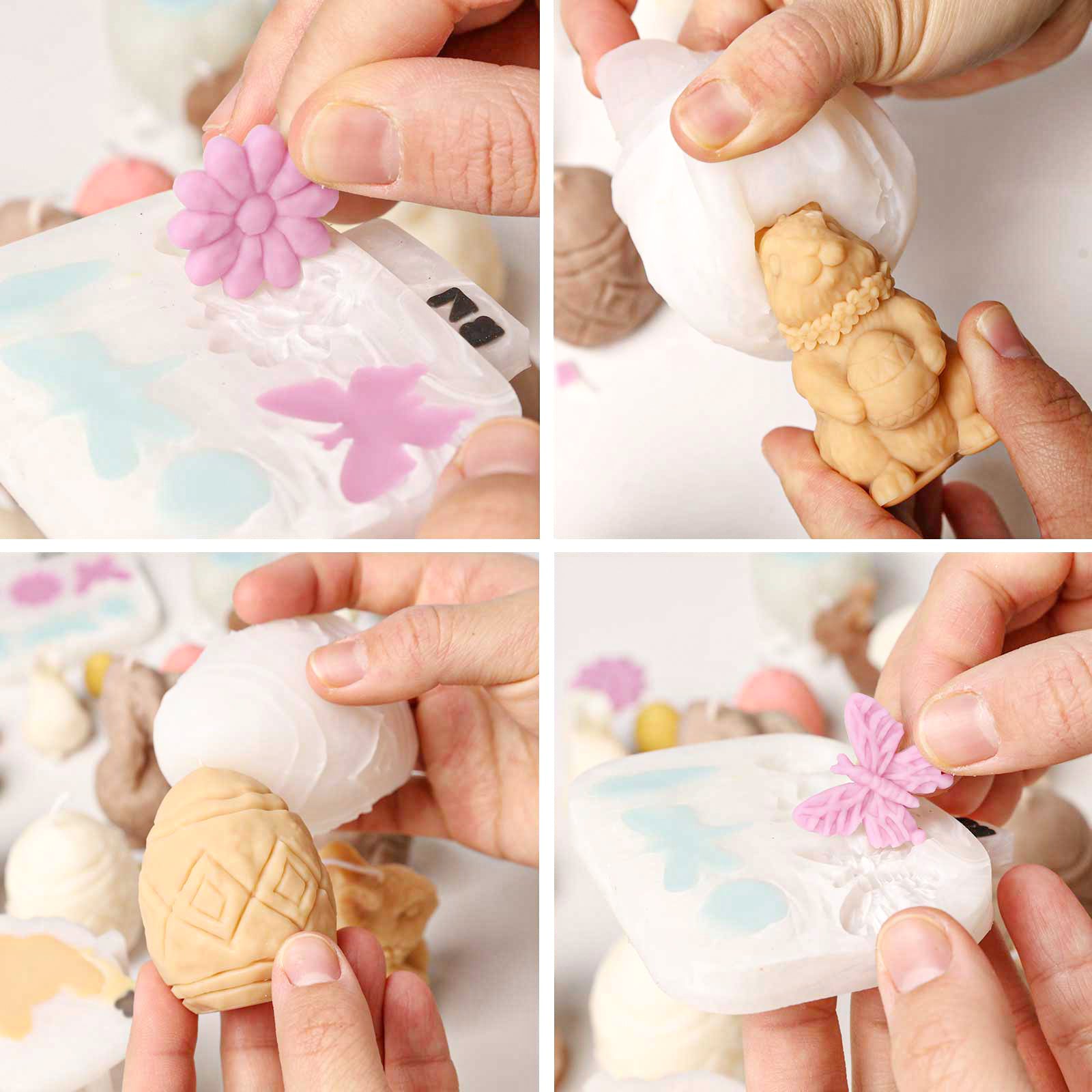 Hands easily de-molding a bunny, decorative egg, butterfly, and flower from flexible white silicone molds for Easter DIY crafts - Boowan Nicole