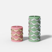 Pink and green pillar candles with elegant draped swag relief patterns in gold and silver - Boowan Nicole