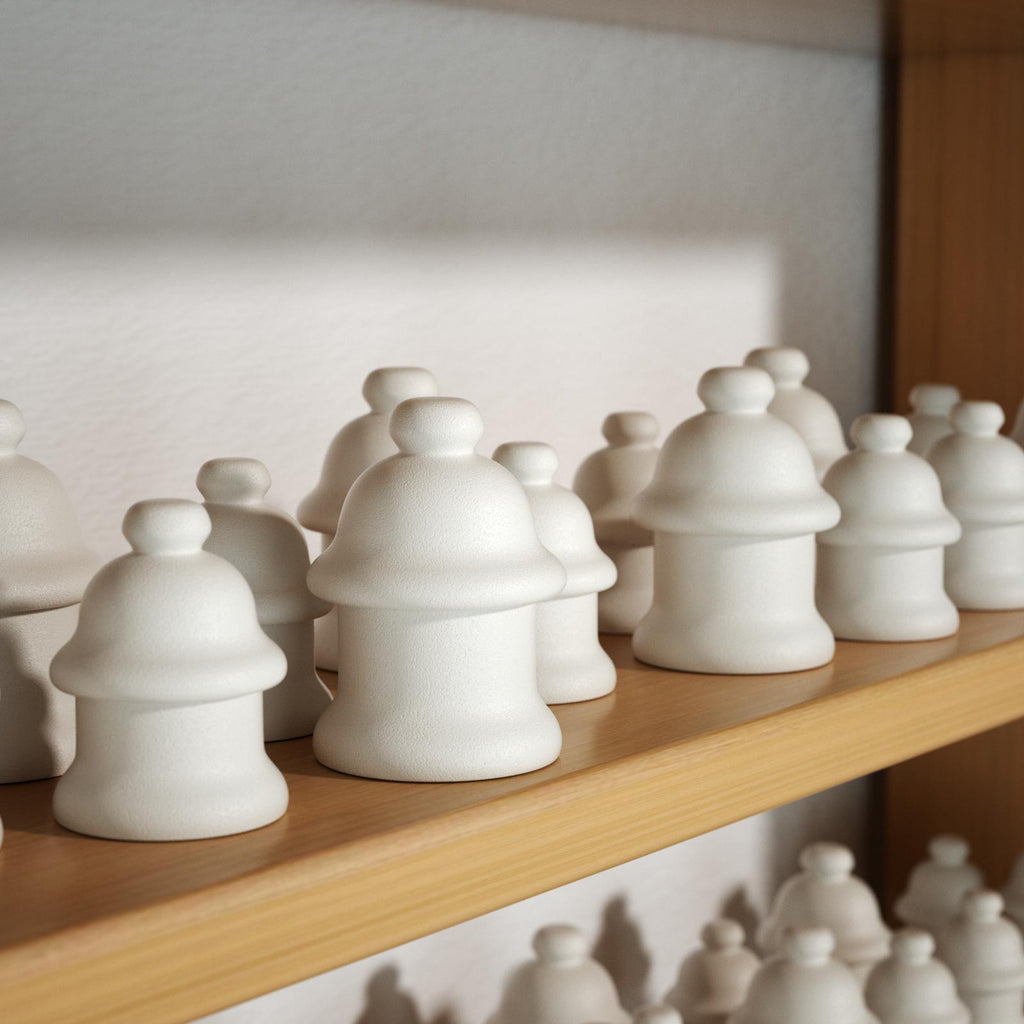 Matte white ceramic candle jar lids in whimsical shapes displayed on wooden shelf - Boowan Nicole