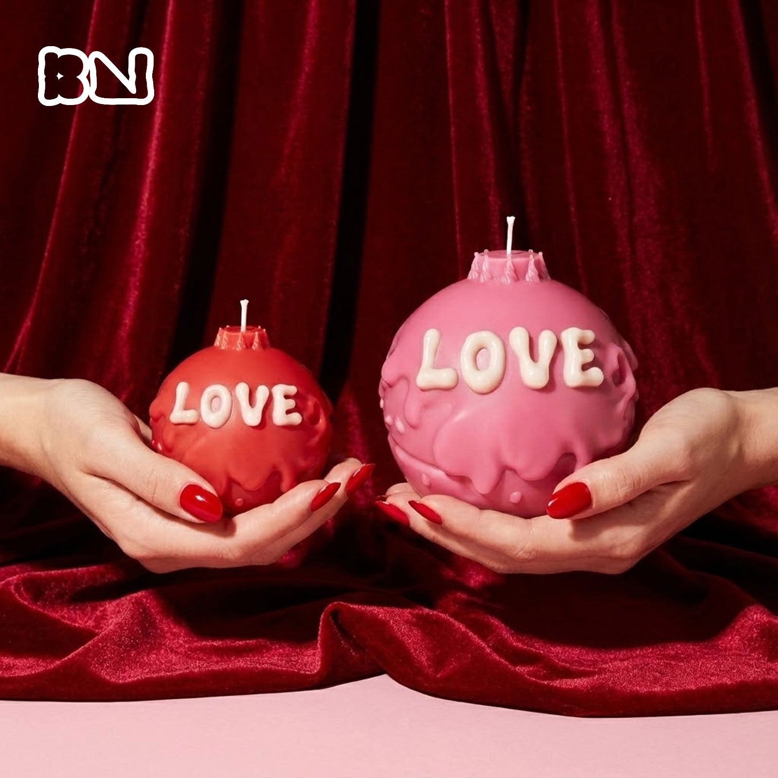 Red and pink "LOVE" round candles with dripping wax effect for Valentine's Day decor - Boowan Nicole