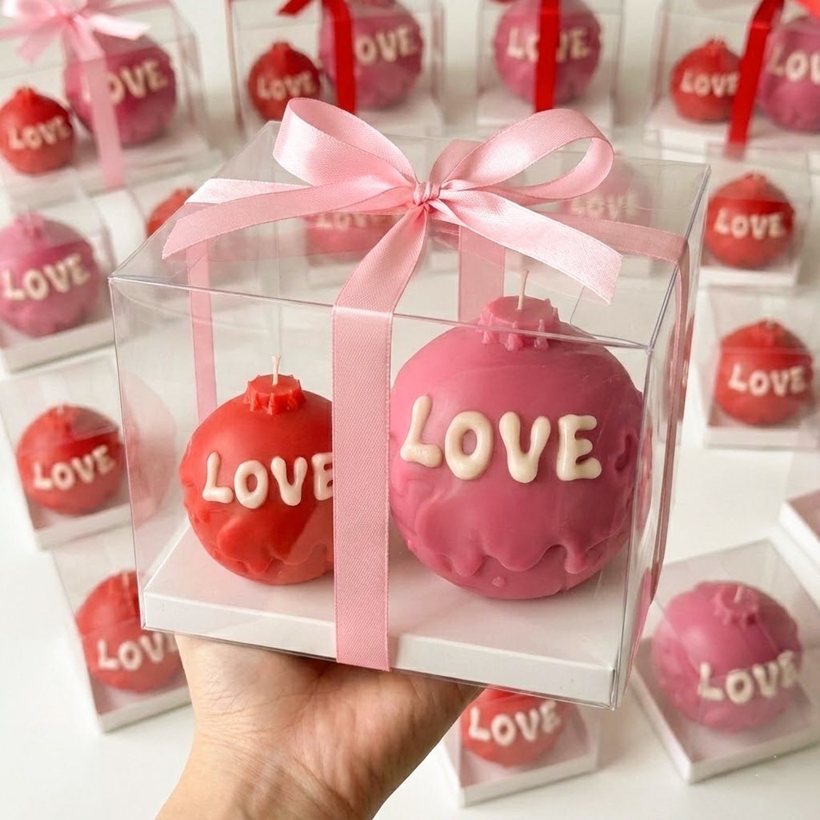 Decorative LOVE themed ball candles in transparent gift packaging, perfect for wedding or party favors - Boowan Nicole