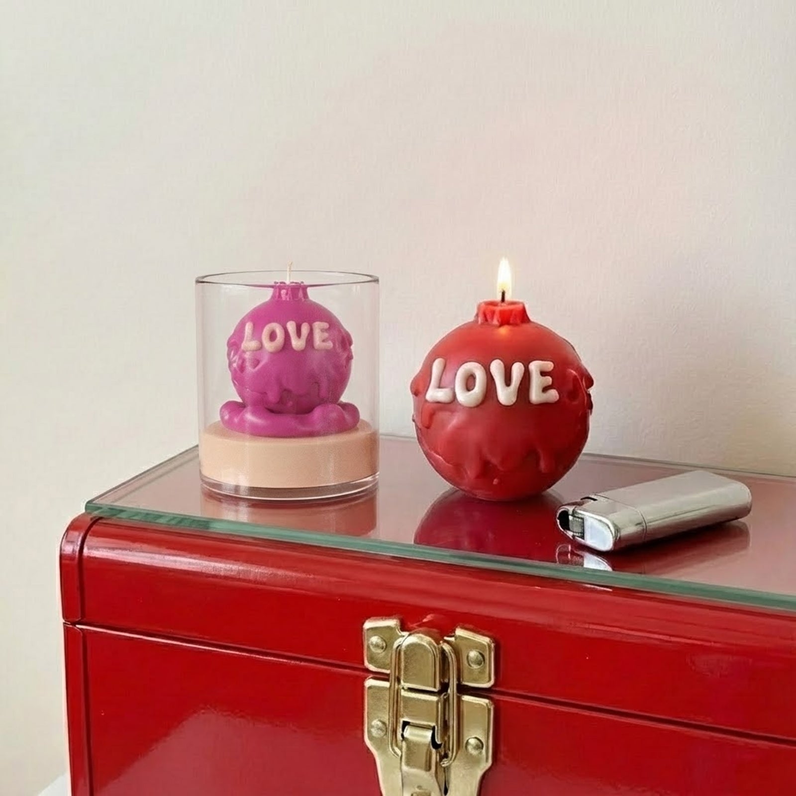 Red and pink LOVE themed candles, lit aesthetic candle set for bedroom decor - Boowan Nicole