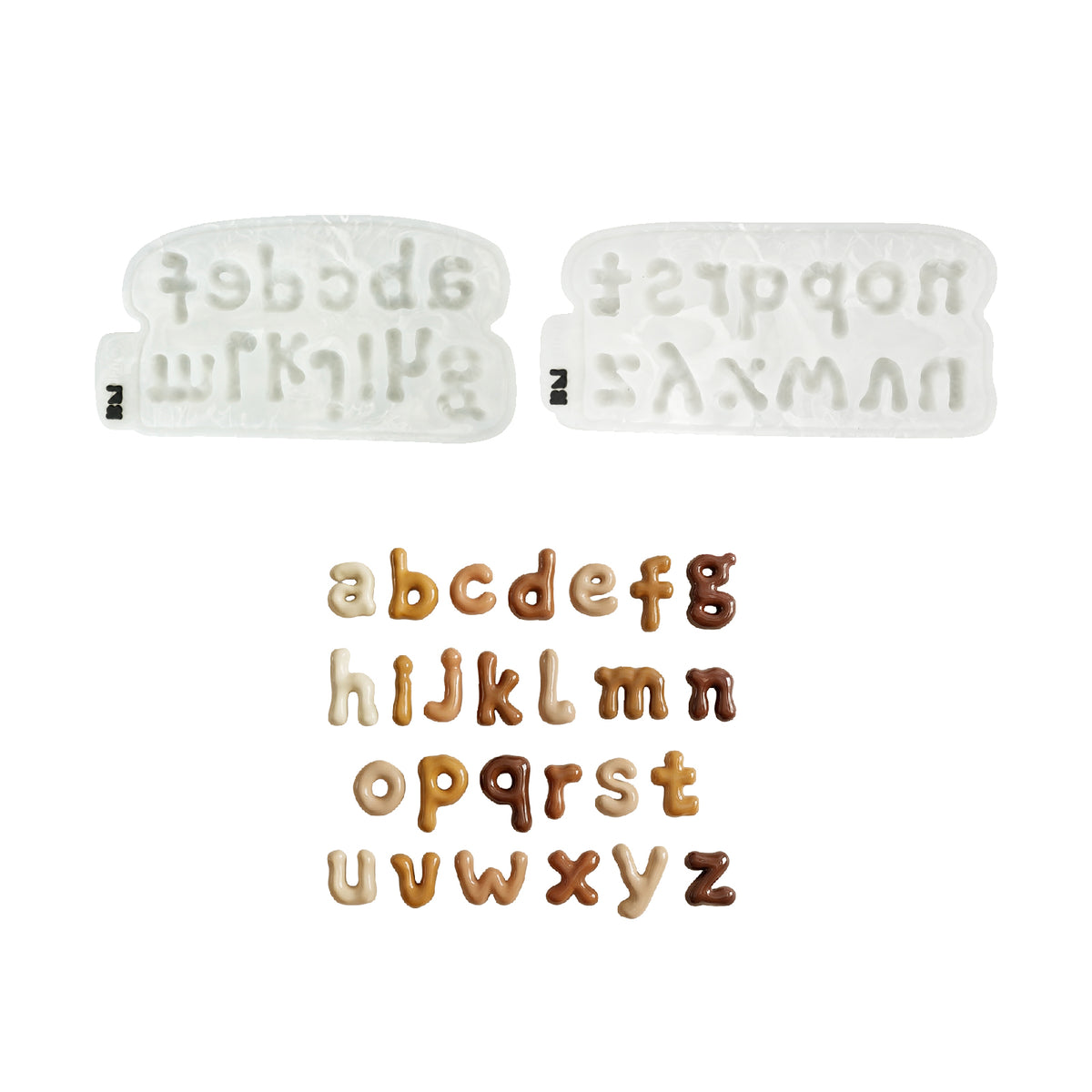 Both silicone molds and all 26 finished lowercase alphabet letters