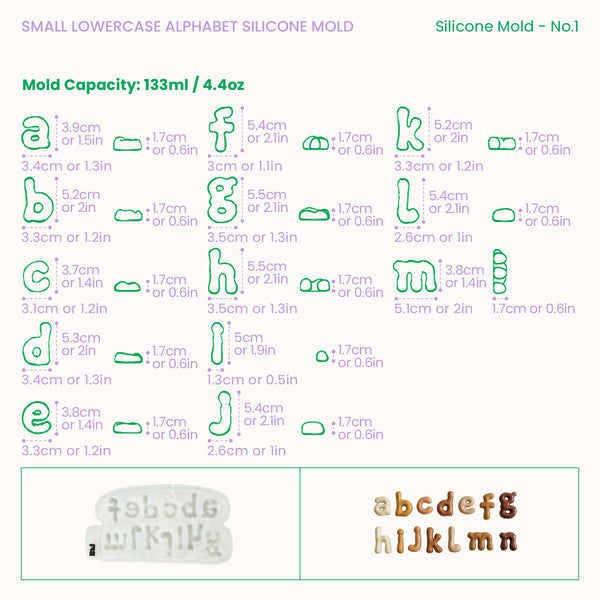 Lowercase alphabet letter dimensions and 133ml capacity size guide, sheet 1
