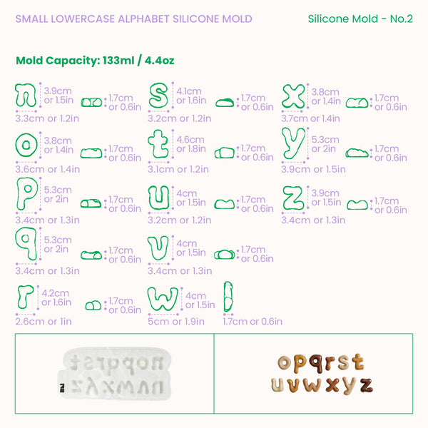 Lowercase alphabet letter dimensions and 133ml capacity size guide, sheet 2