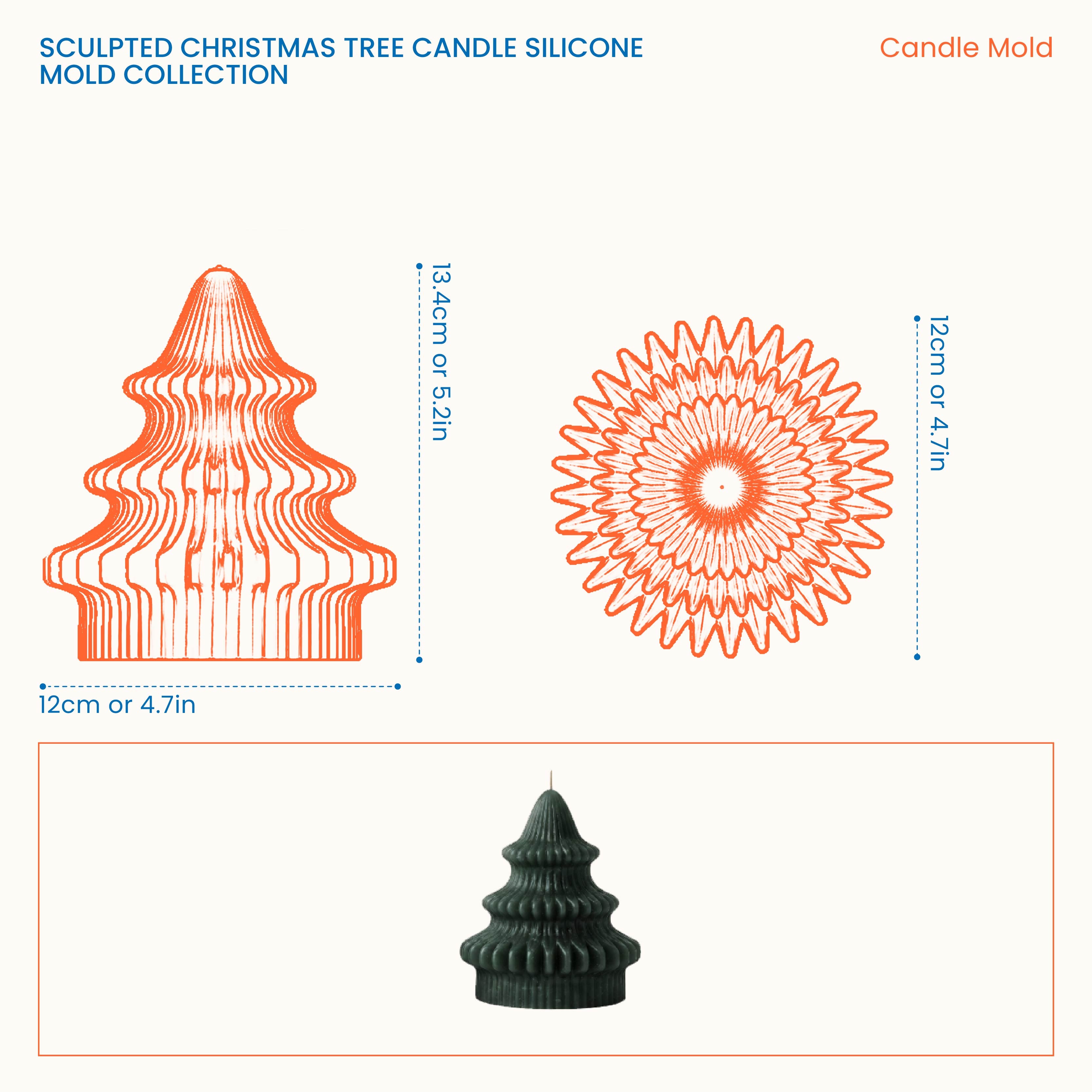 Size chart for the Sculpted Christmas Tree Candle silicone mold, showing a 13.4cm height and 12cm base diameter.