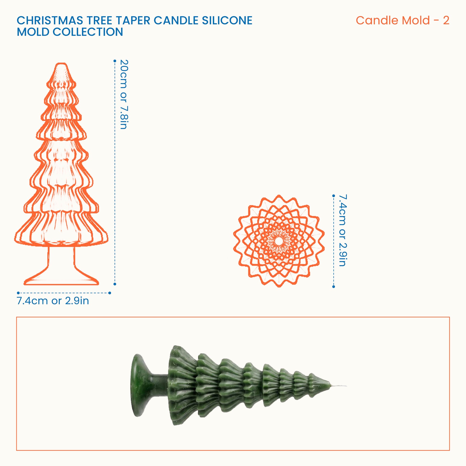Size chart for the Christmas Tree Taper Candle silicone mold (classic design), showing a 20cm height and 7.4cm base diameter.