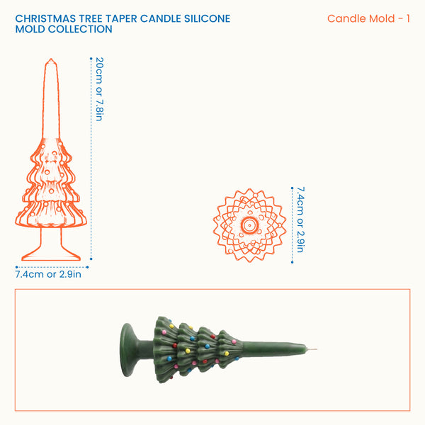 Size chart for the Christmas Tree Taper Candle silicone mold (ornament design), showing a 20cm height and 7.4cm base diameter.