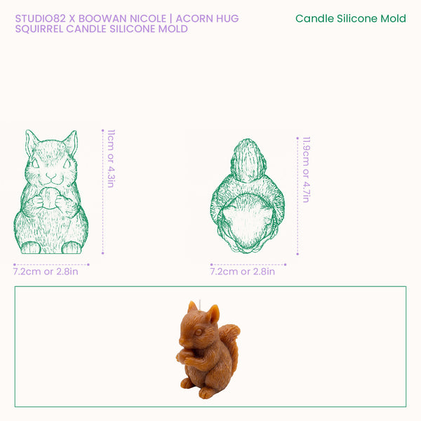 Size chart for the Studio82 x Boowan Nicole Acorn Hug Squirrel candle silicone mold, showing an 11cm front height, 11.9cm back height, and 7.2cm width, alongside a photo of the finished squirrel-shaped candle.