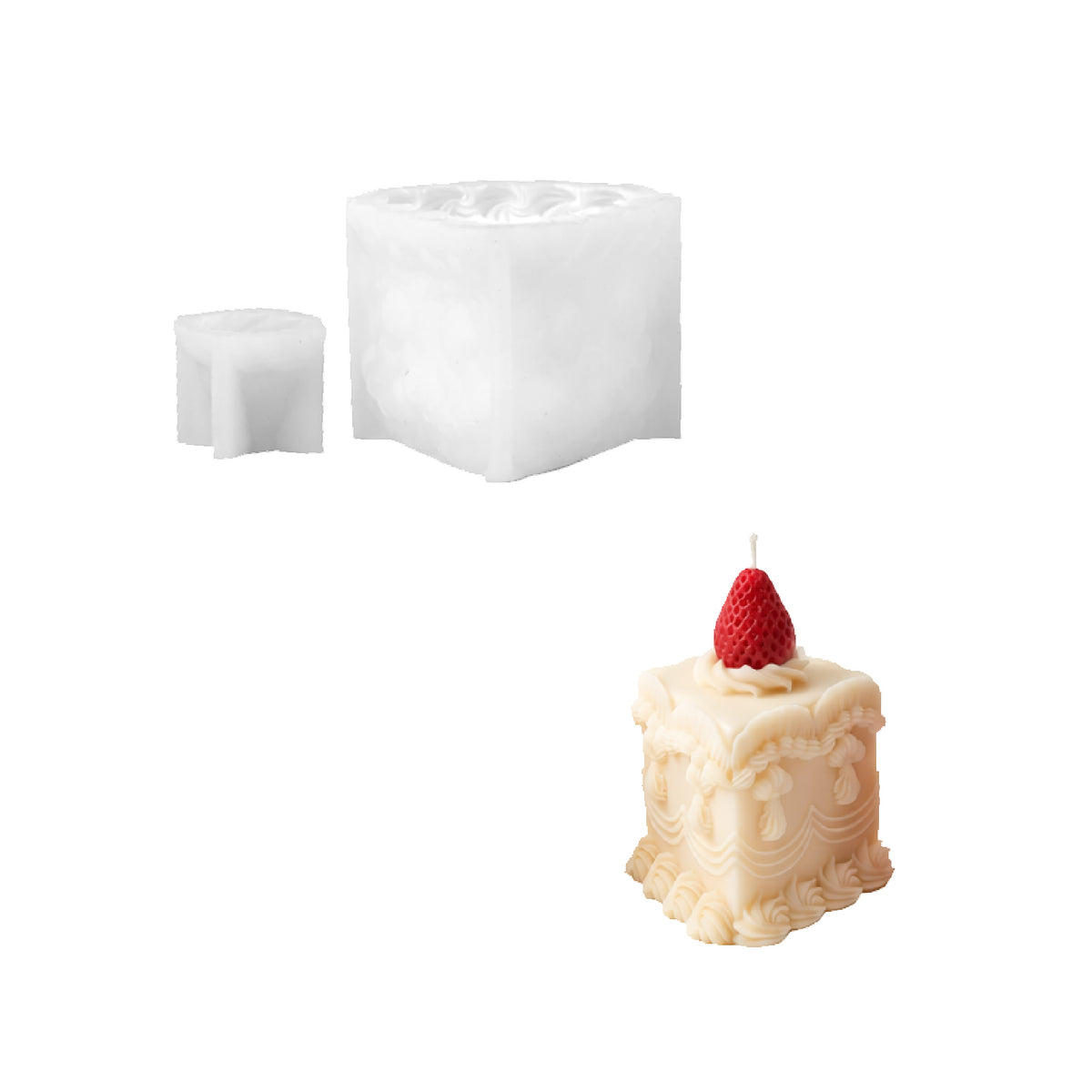Cake No. 1 – Strawberry Topper Set silicone mold and finished candle