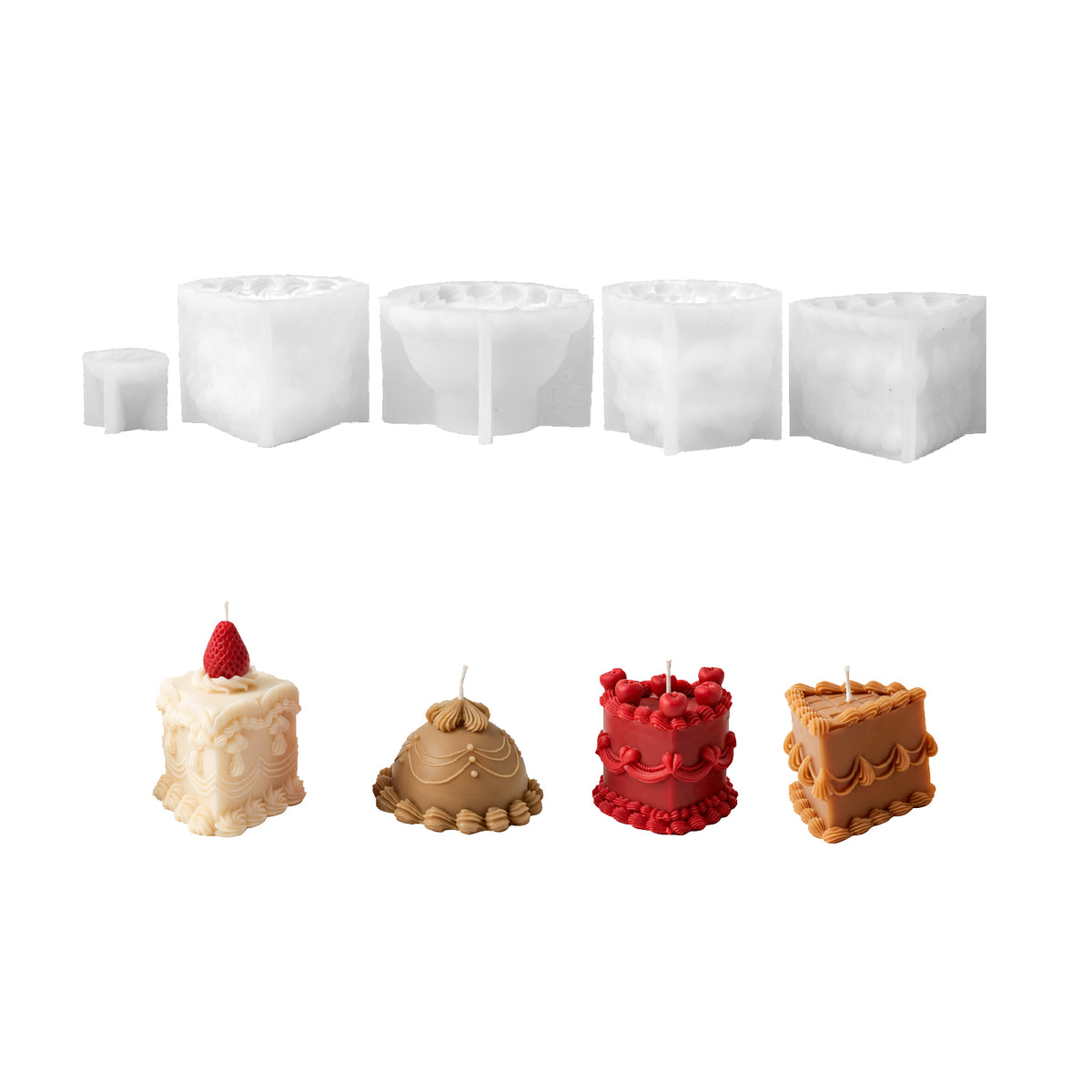 Complete collection of four cake candle designs with five silicone molds