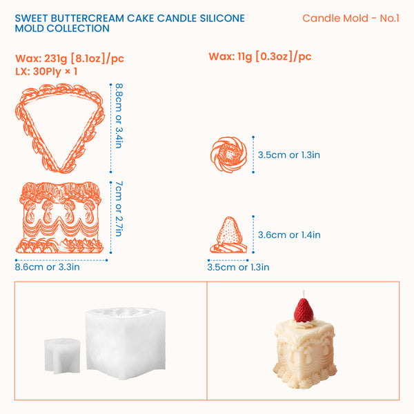 Cake candle design No. 1 dimensions and wax quantity guide
