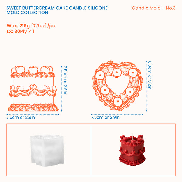 Cake candle design No. 3 dimensions and wax quantity guide