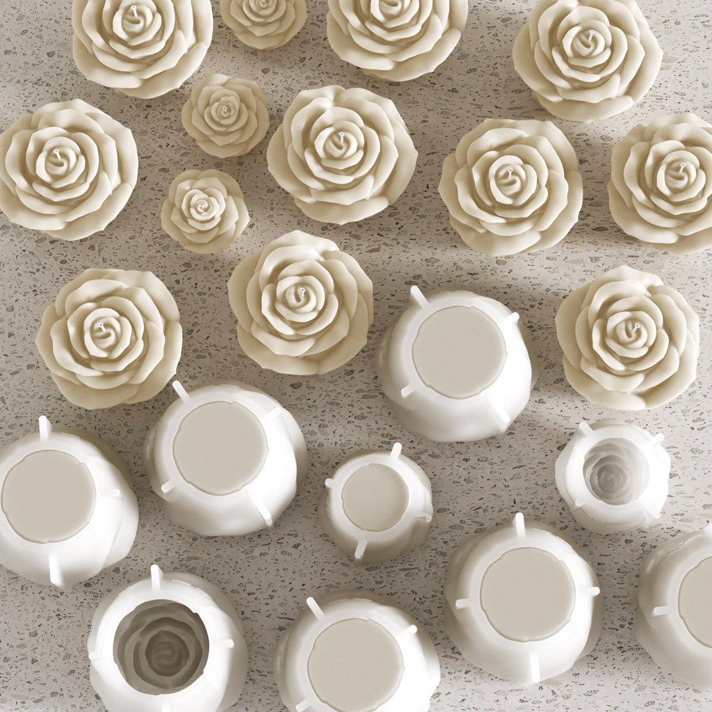 Small-batch white rose candles in various sizes, made using silicone candle molds - Boowan Nicole