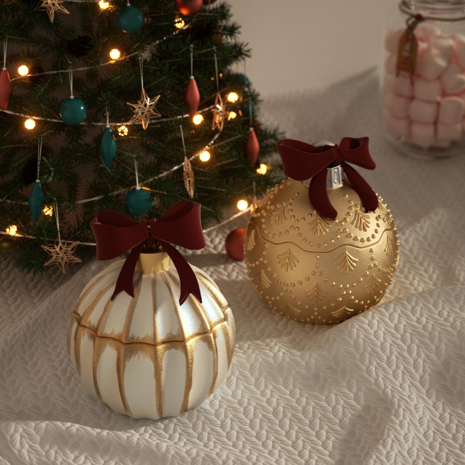 Gold Christmas bauble candle jars with red ribbon bows under a lit Christmas tree - Boowan Nicole