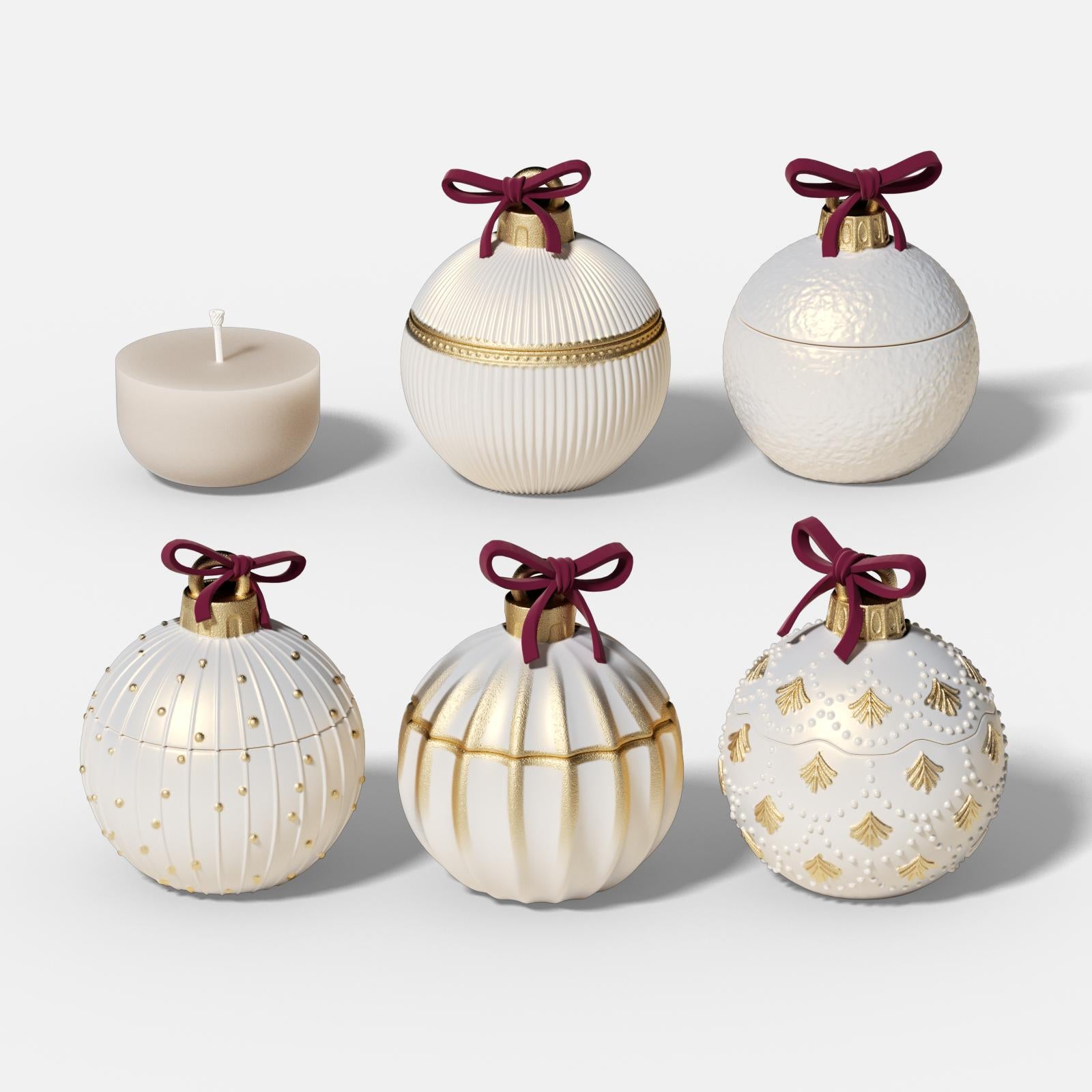 White and gold Christmas bauble candle jars with red ribbon bows – festive holiday decor - Boowan Nicole