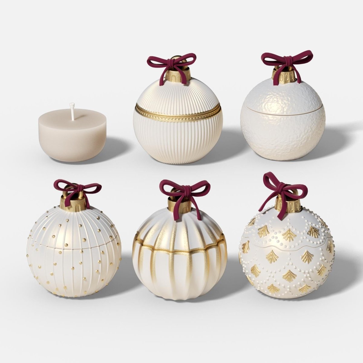 White and gold Christmas bauble candle jars with red ribbon bows – festive holiday decor - Boowan Nicole