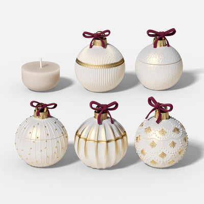 White and gold Christmas bauble candle jars with red ribbon bows – festive holiday decor - Boowan Nicole