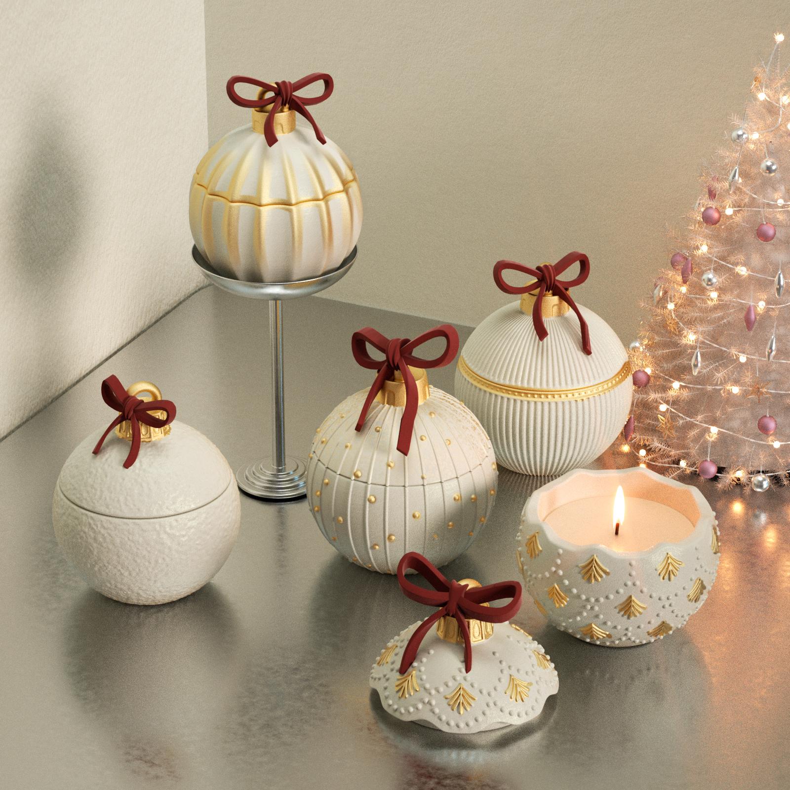Set of white and gold Christmas bauble candle jars with red bows, one lit beside a Christmas tree - Boowan Nicole